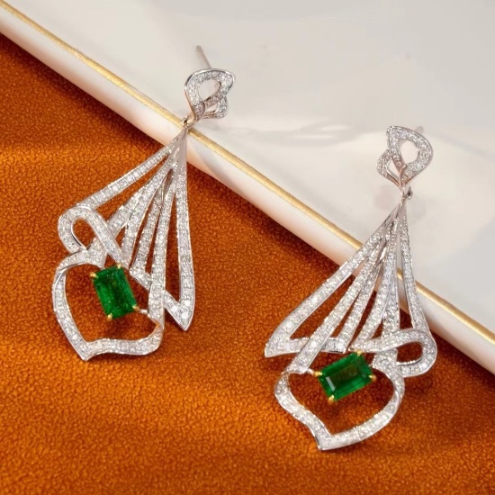 14k Gold 2.08 Ctw Vivid Green Natural Emerald & Diamond Earrings