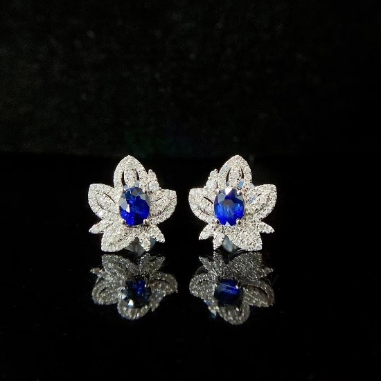 14k Gold 1.43 Ctw Vivid Blue Natural Sapphire & Diamond Earrings