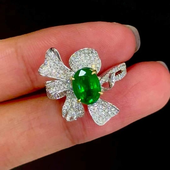 14k Gold 1.39 Ct Vivid Green Natural Emerald & Diamond & Sapphire Ring