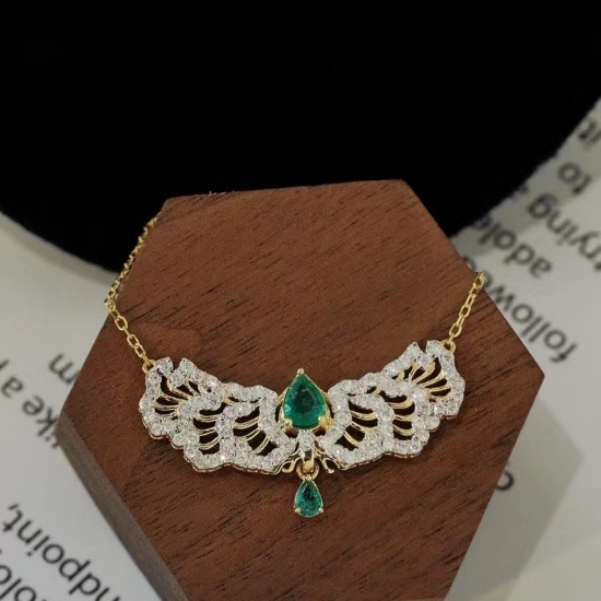 14k Gold 0.93 Ct Natural Emerald & Diamond Necklace