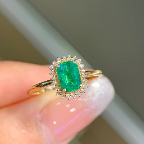 14k Gold 1 Ct Natural Emerald & Diamond Ring