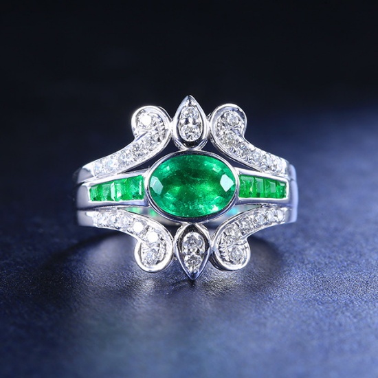 14k Gold 1.34 Ctw Vivid Green Natural Emerald & Diamond Ring