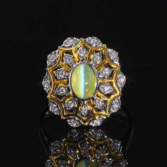 14k Gold 1.06 Ctw Natural Cat's?Eye & Diamond Ring