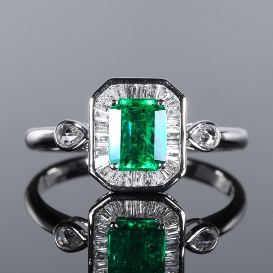 14k Gold 1.08 Ctw Vivid Green Natural Emerald & Diamond Ring