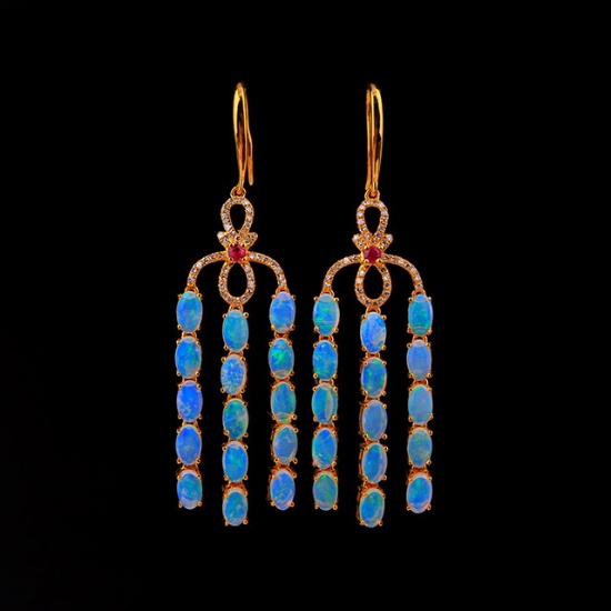 14k Gold 4.40 Ctw Natural Opal & Diamond Earrings