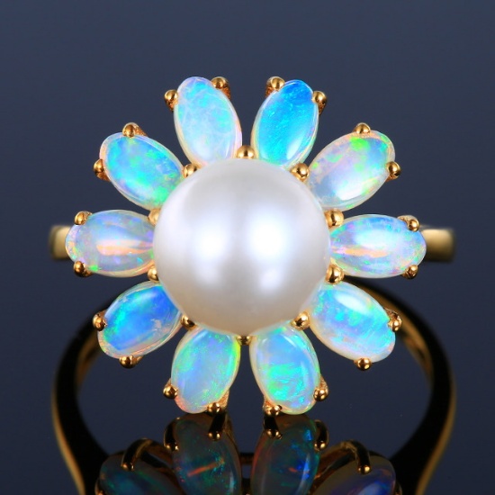 14k Gold 5.41 Ctw Natural Opal & Pearl Ring