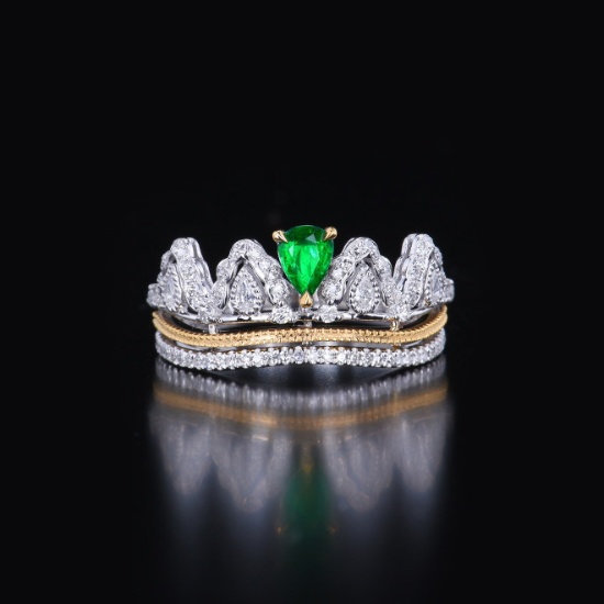 14k Gold 0.58 Ctw Vivid Green Natural Emerald & Diamond Ring