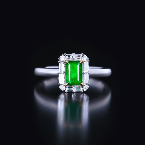 14k Gold 0.97 Ctw Vivid Green Natural Emerald & Diamond Ring