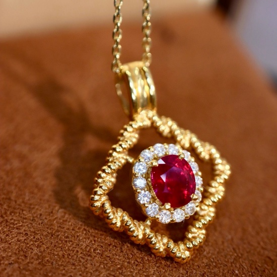 14k Gold 1.11 Ctw Vivid Red Natural Ruby & Diamond Pendant( Without Chain )