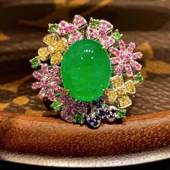14k Gold 3.3 Ct Natural Emerald & Sapphire & Tsavorite Ring
