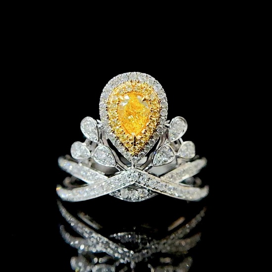 14k Gold 0.90 Ctw Natural Yellow Diamond & Diamond Ring