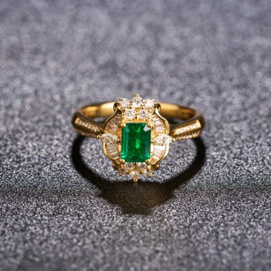 14k Gold 0.91 Ctw Vivid Green Natural Emerald & Diamond Ring