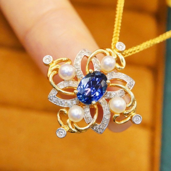 14k Gold 1.12 Ctw Natural Sapphire & Diamond Pendant( Without Chain )