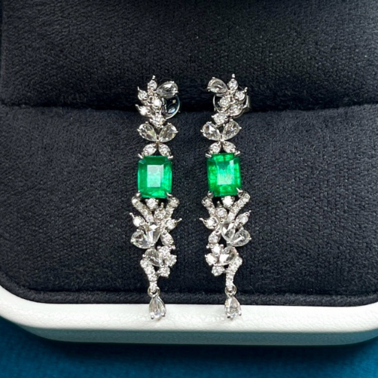 14k Gold 1.55 Ctw Vivid Green Natural Emerald & Diamond Earrings