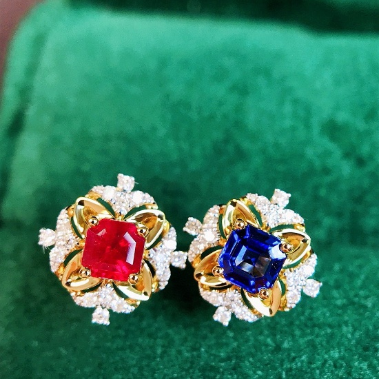 14k Gold 0.70 Ctw Natural Ruby & Sapphire & Diamond Earrings