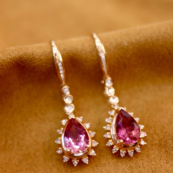 14k Gold 4.05 Ctw Natural Tourmaline & Diamond Earrings