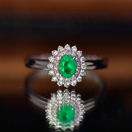 14k Gold 0.4 Ct Vivid Green Natural Emerald & Diamond Ring