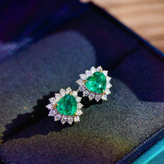 14k Gold 1.86 Ctw Vivid Green Natural Emerald & Diamond Earrings