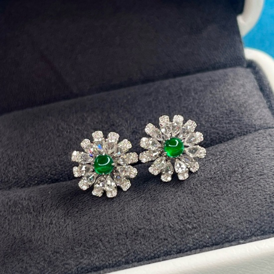 14k Gold 0.89 Ctw Vivid Green Natural Emerald & Diamond Earrings