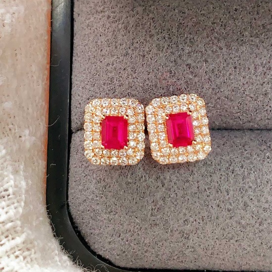 14k Gold 0.83 Ctw Natural Ruby & Diamond Earrings