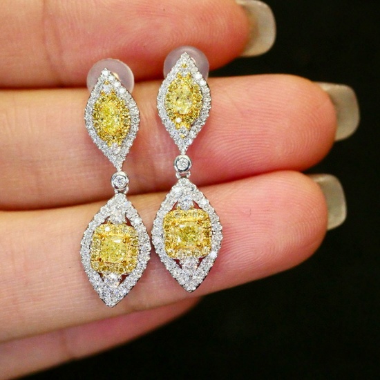 14k Gold 1.10 Ctw Natural Yellow Diamond & Diamond Earrings