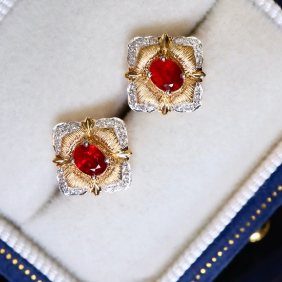 14k Gold 0.62 Ctw Natural Ruby & Diamond Earrings