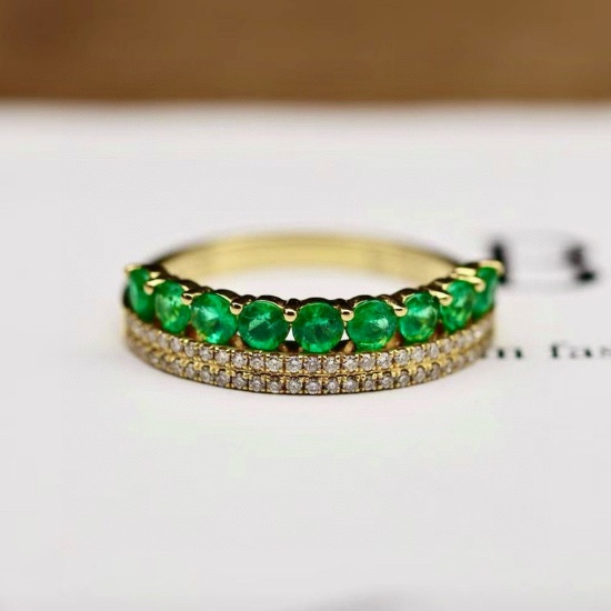 14k Gold 0.78 Ctw Vivid Green Natural Emerald & Diamond Ring