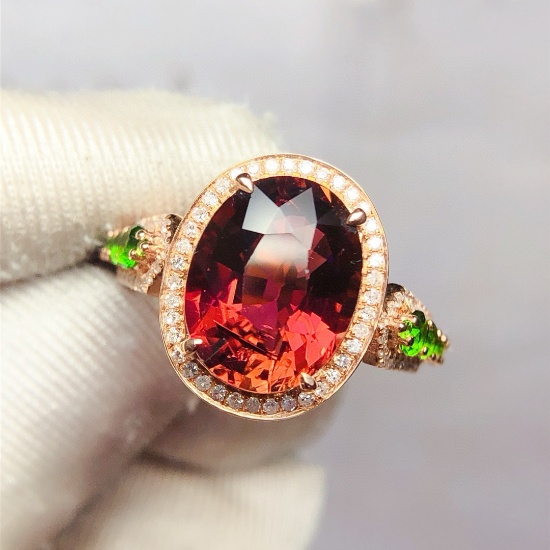 14k Gold 4.88 Ct Natural Tourmaline & Diamond & Tsavorite Ring