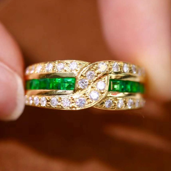 14k Gold 1.06 Ctw Vivid Green Natural Emerald & Diamond Ring