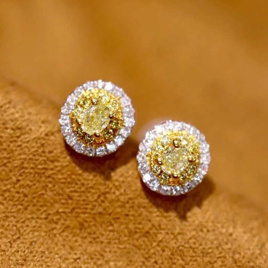 14k Gold 0.28 Ctw Natural Yellow Diamond & Diamond Earrings