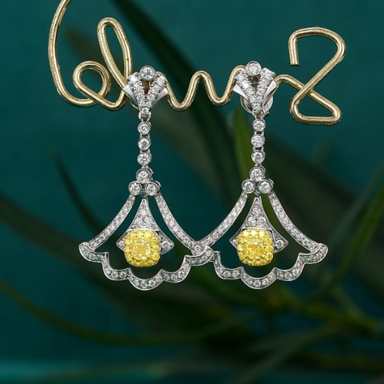 14k Gold 0.99 Ctw Natural Yellow Diamond & Diamond Earrings