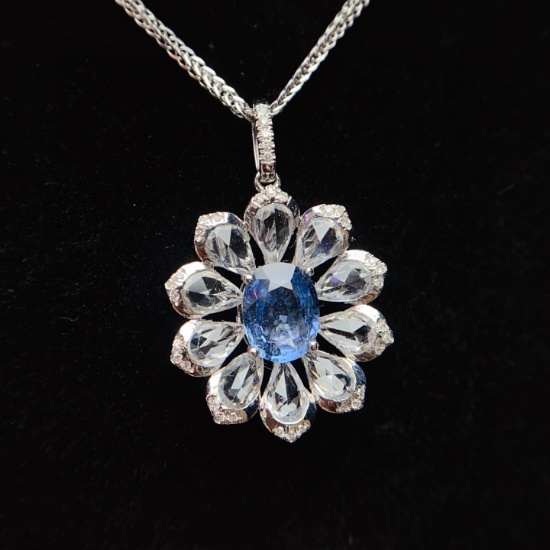 14k Gold 1.35 Ct Natural Sapphire & Diamond & Sapphire Pendant( Without Chain )