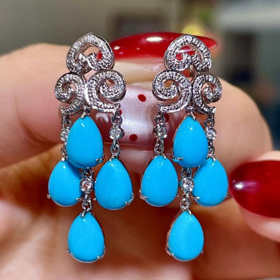 14k Gold 5.82 Ctw Natural Blue Turquoise & Diamond Earrings
