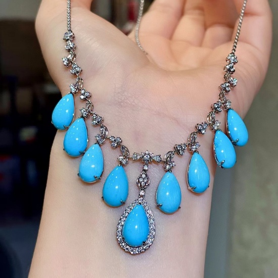 14k Gold 24.76 Ctw Natural Blue Turquoise & Diamond Necklace
