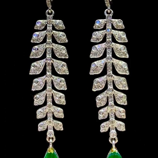 14k Gold 1.85 Ct Vivid Green Natural Emerald & Diamond Earrings