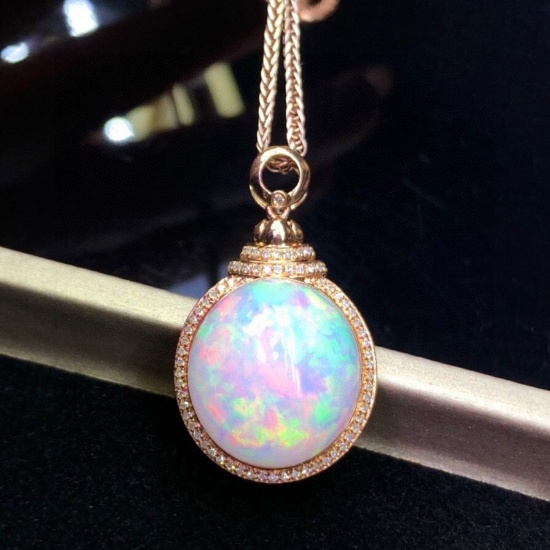 14k Gold 14.30 Ct Natural Opal & Diamond Pendant( Without Chain )