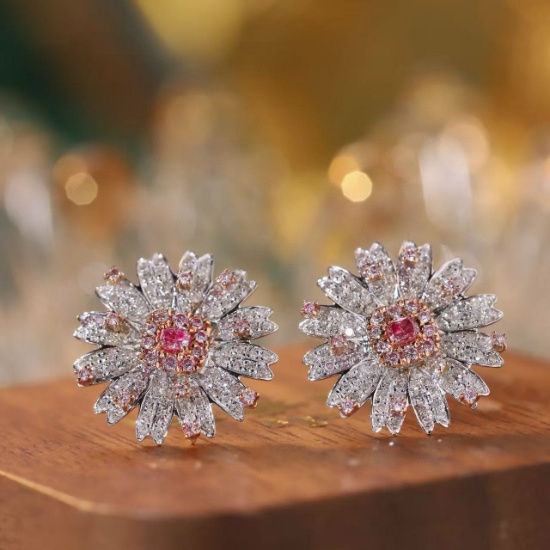 14k Gold 0.90 Ct Natural Color Diamond & Flowers Earrings