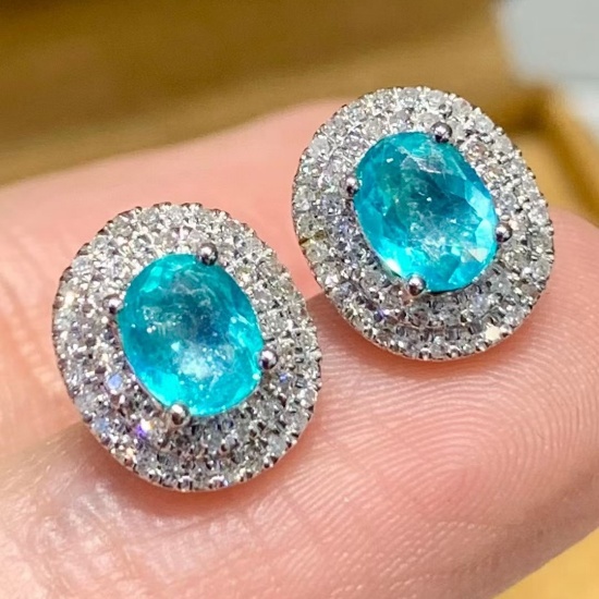 14k Gold 0.8 Ct Natural Paraiba Tourmaline & Diamond Earrings