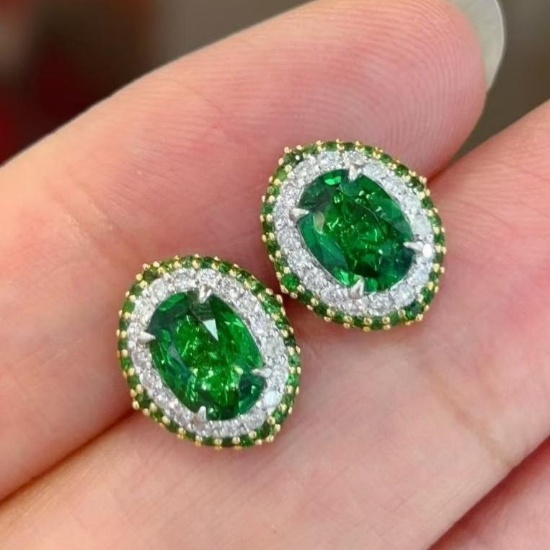14k Gold 2.2 Ct Natural Tsavorite & Diamond Earrings