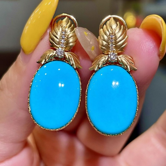 14k Gold 14.96 Ctw Natural Blue Turquoise & Diamond Earrings