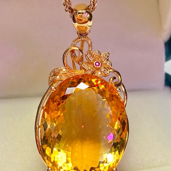 14k Gold 38.90 Ct Natural Citrine & Diamond Pendant( Without Chain )