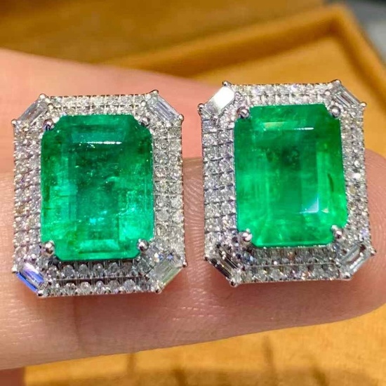 14k Gold 5.1 Ct Vivid Green Natural Emerald & Diamond Earrings