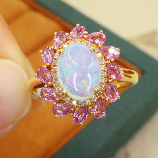 14k Gold 1.47 Ctw Natural Opal & Sapphire Ring