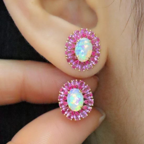 14k Gold 2.89 Ctw Natural Opal & Sapphire Earrings