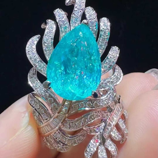 14k Gold 6.43 Ctw Natural Paraiba Tourmaline & Diamond Ring