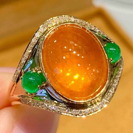 14k Gold 8.9 Ct Natural Spessartine & Diamond & Emerald Ring
