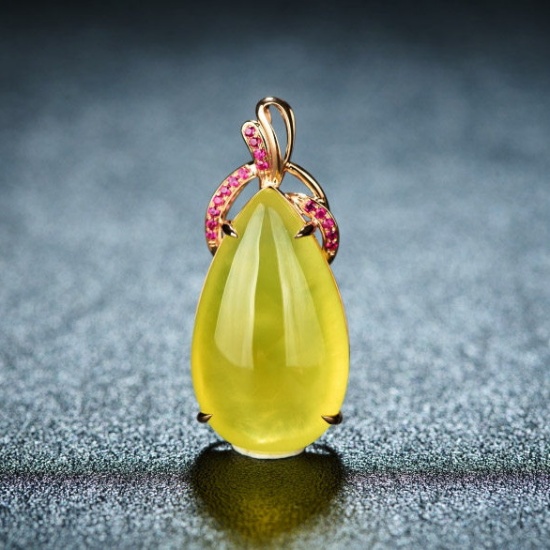 14k Gold 23.56 Ct Natural Prehnite & Ruby Pendant( Without Chain )