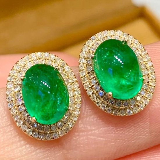 14k Gold 2.8 Ct Natural Emerald & Diamond Earrings
