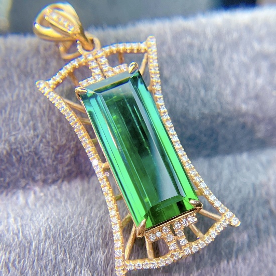 14k Gold 6.6 Ct Natural Tourmaline & Diamond Pendant( Without Chain )
