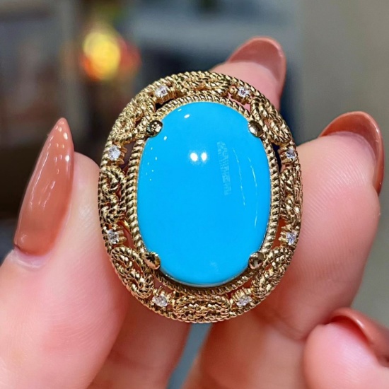 14k Gold 8.22 Ctw Natural Blue Turquoise & Diamond Ring